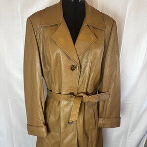 Vintage Peruzzi Italy Caramel Brown Leather Tie Trench Coat Sz Lg